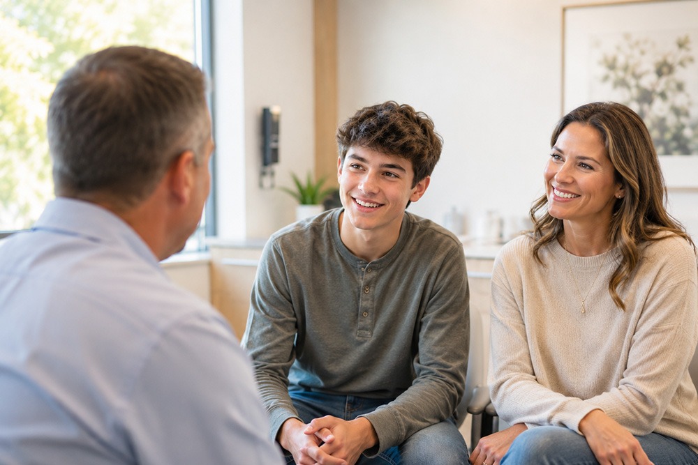 A teenage boy and a woman smile while talking to a man in an office with large windows and a framed picture on the wall.