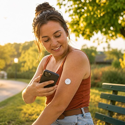 A woman sits on a bench outdoors, smiling while scanning a sensor on her upper arm with her smartphone. The sun is shining, and trees are visible in the background.